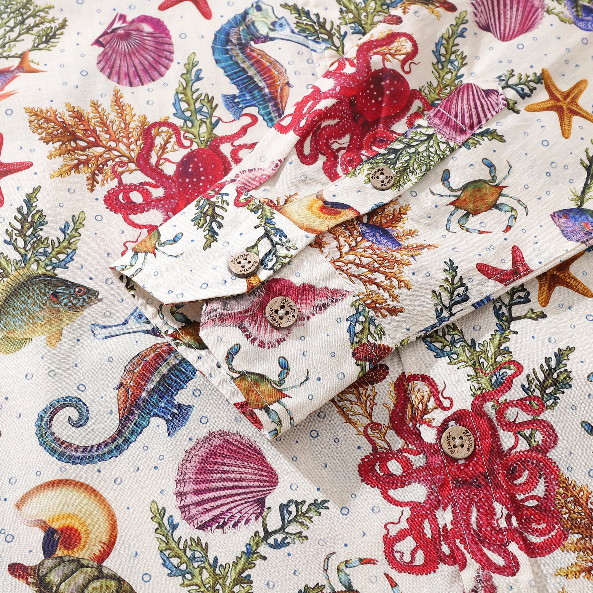 Men's Hawaiian Shirt Marine Life Seahorse Octopus Print Cotton Button-down Long Sleeve Aloha Shirt Marine Life Long Sleeve Shirt