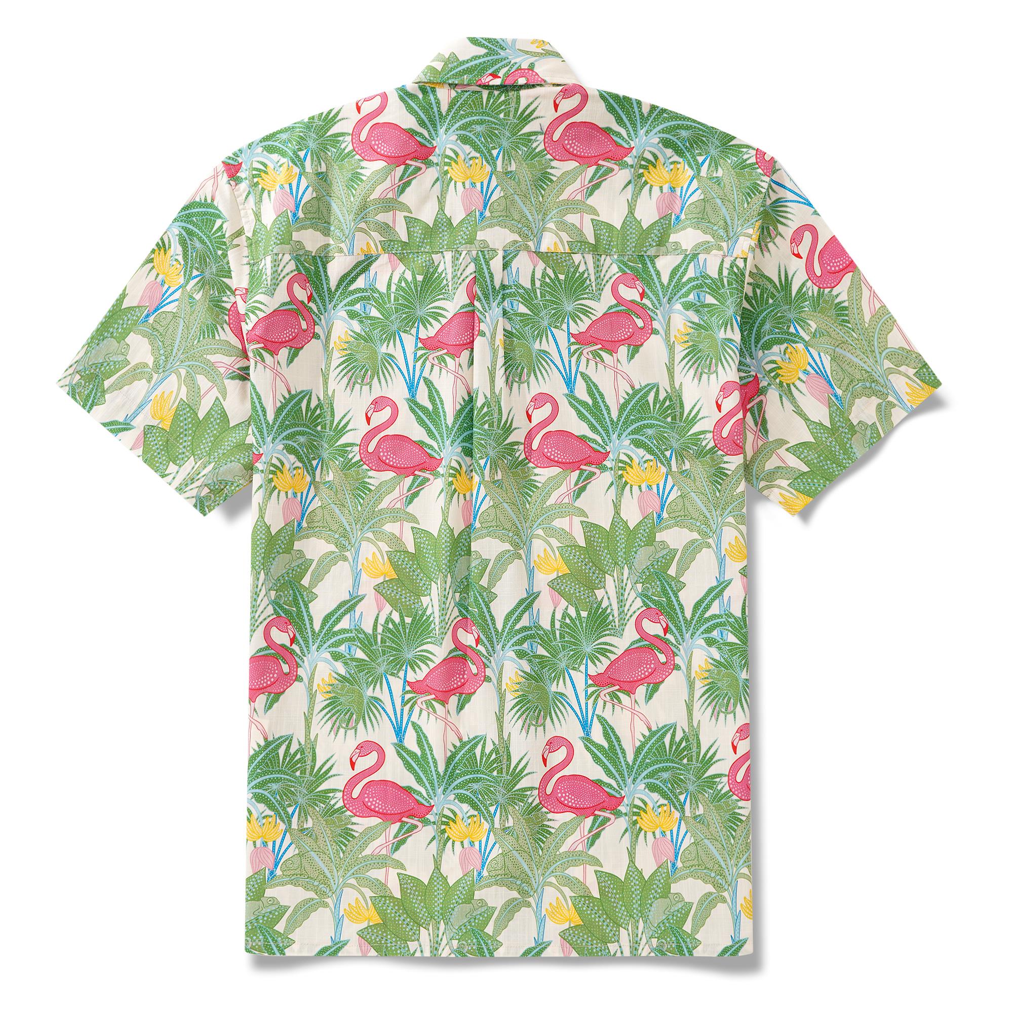 Herren-Hawaiian-Hemd Kurzärmel Button 100% Baumwolle Beige Aloha Flamingos & Chameleons von House of Haricot