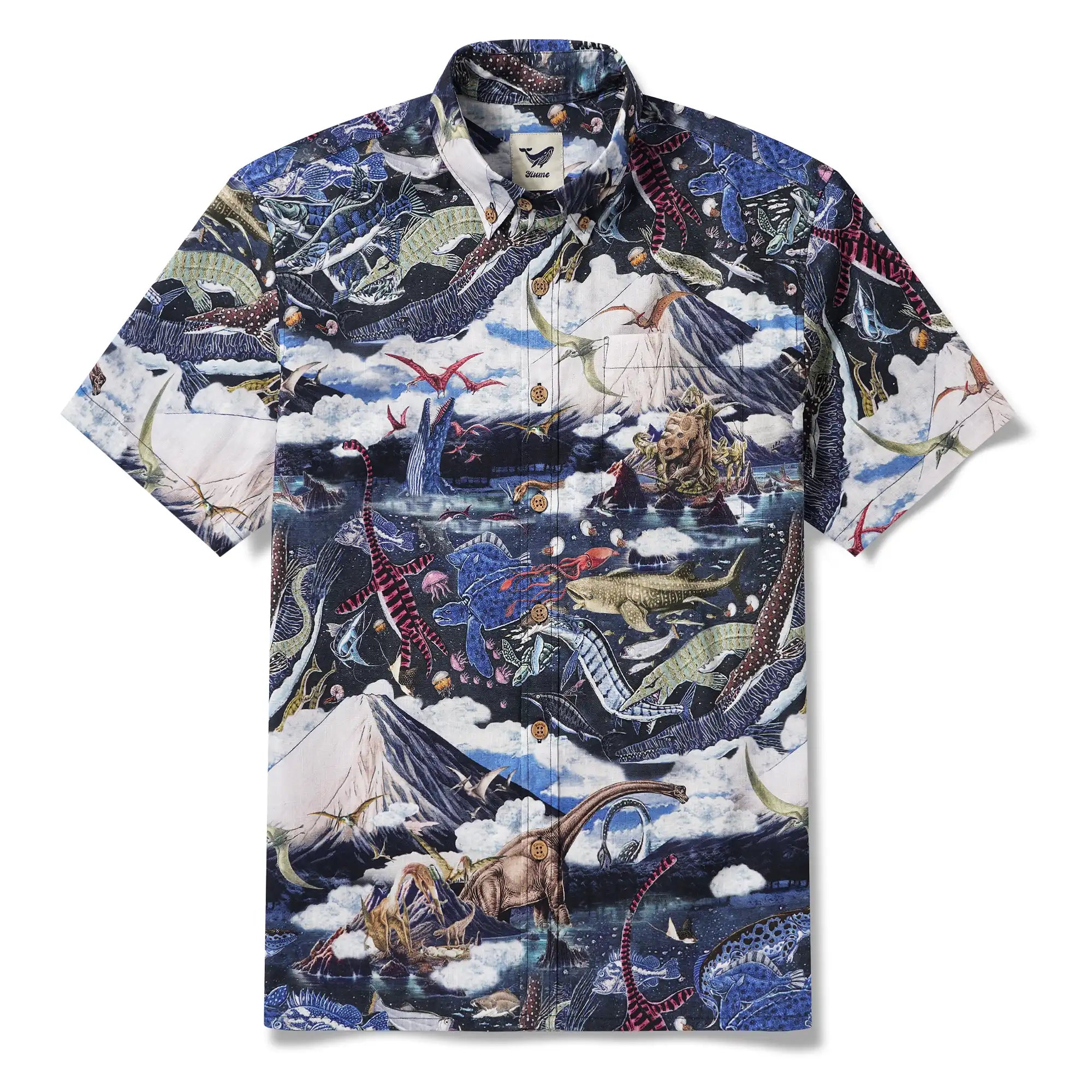 Men's Hawaiian Shirt Short Sleeve Button-down 100% Cotton White Aloha Prehistoric Dinosaur Realm