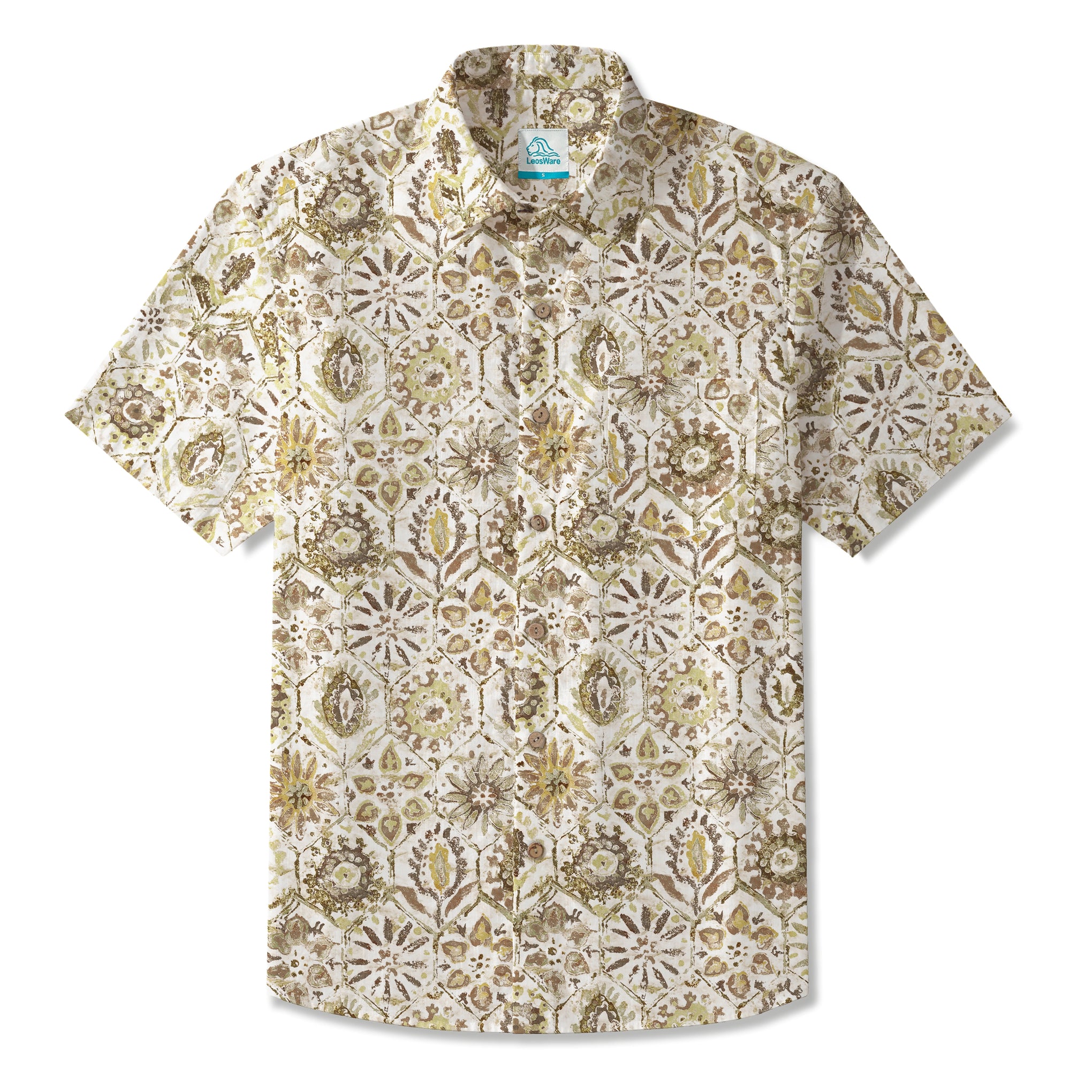 LeosWare® Men's Hawaiian Shirt Short Sleeve Button-up 100% Cotton Green Aloha Light Green