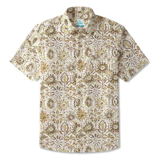 LeosWare® Men's Hawaiian Shirt Short Sleeve Button-up 100% Cotton Green Aloha Light Green