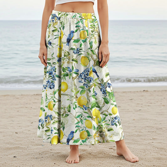 Women Casual Maxi Skirt Long Elastic Waist with Pockets 100% Cotton White Aloha Sicilian Lemon Tree Fantasy