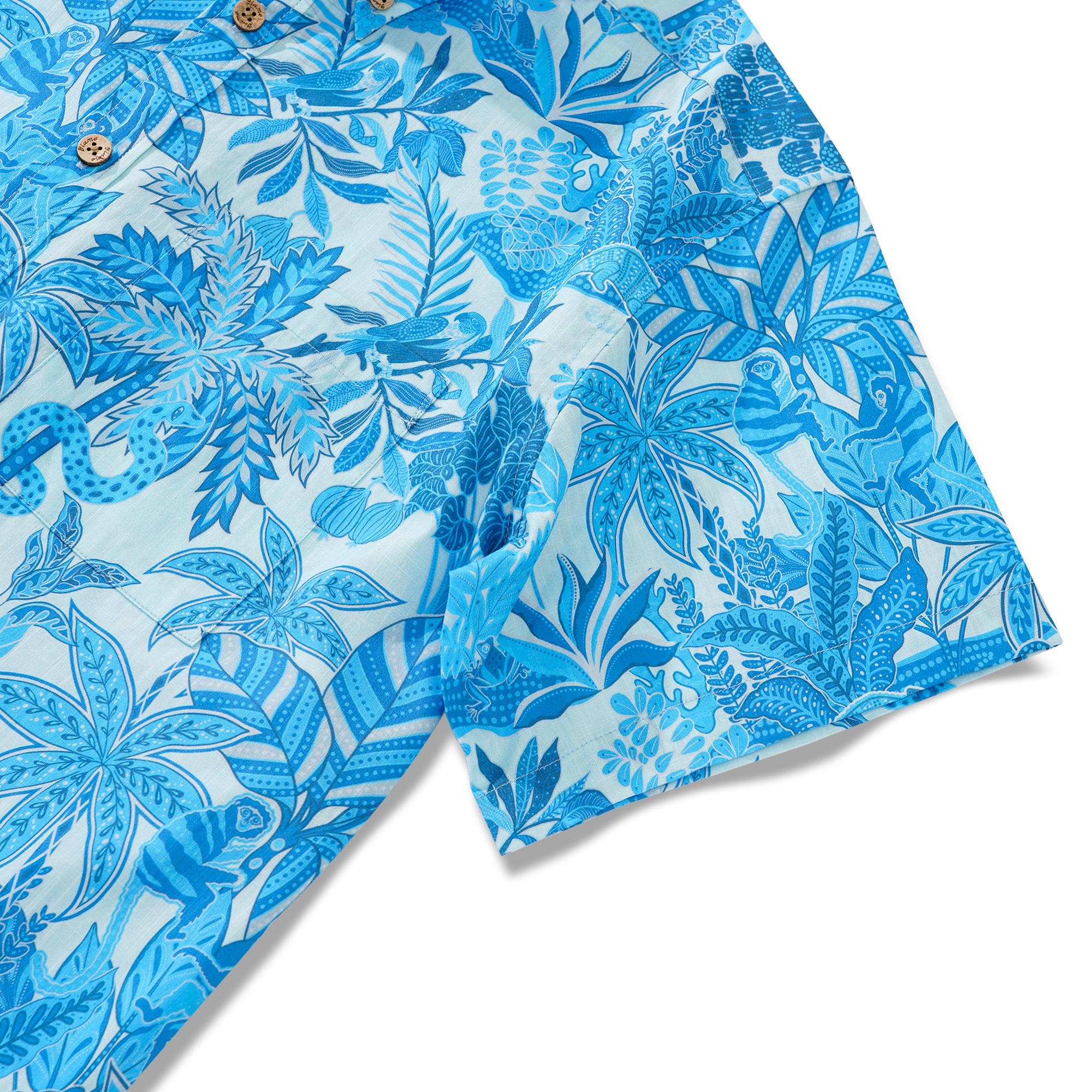 Herren-Hawaiian-Hemd Kurzärmel Button 100% Baumwollblau Aloha Jungle Paradise