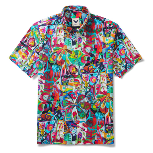 Yiume Corlorful Hawaiian Shirt 100% Cotton Men's Short Sleeve Button-down Aloha Shirt Happy Days By Este Macleod