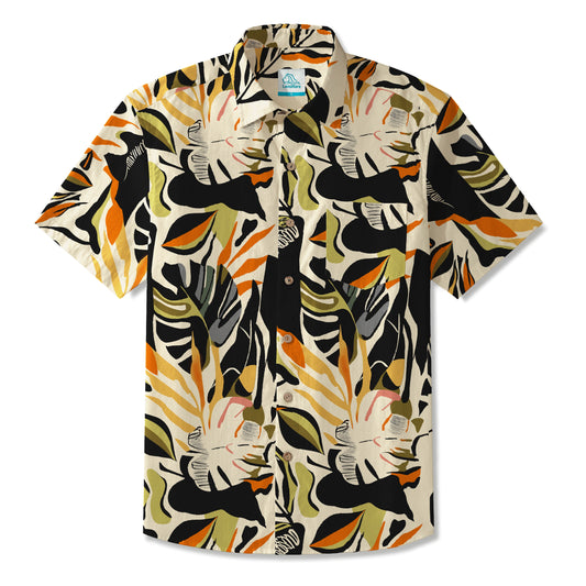 LeosWare® Men's Hawaiian Shirt Short Sleeve Button-up 100% Cotton Orange Aloha Abstract Orange Black Leaves