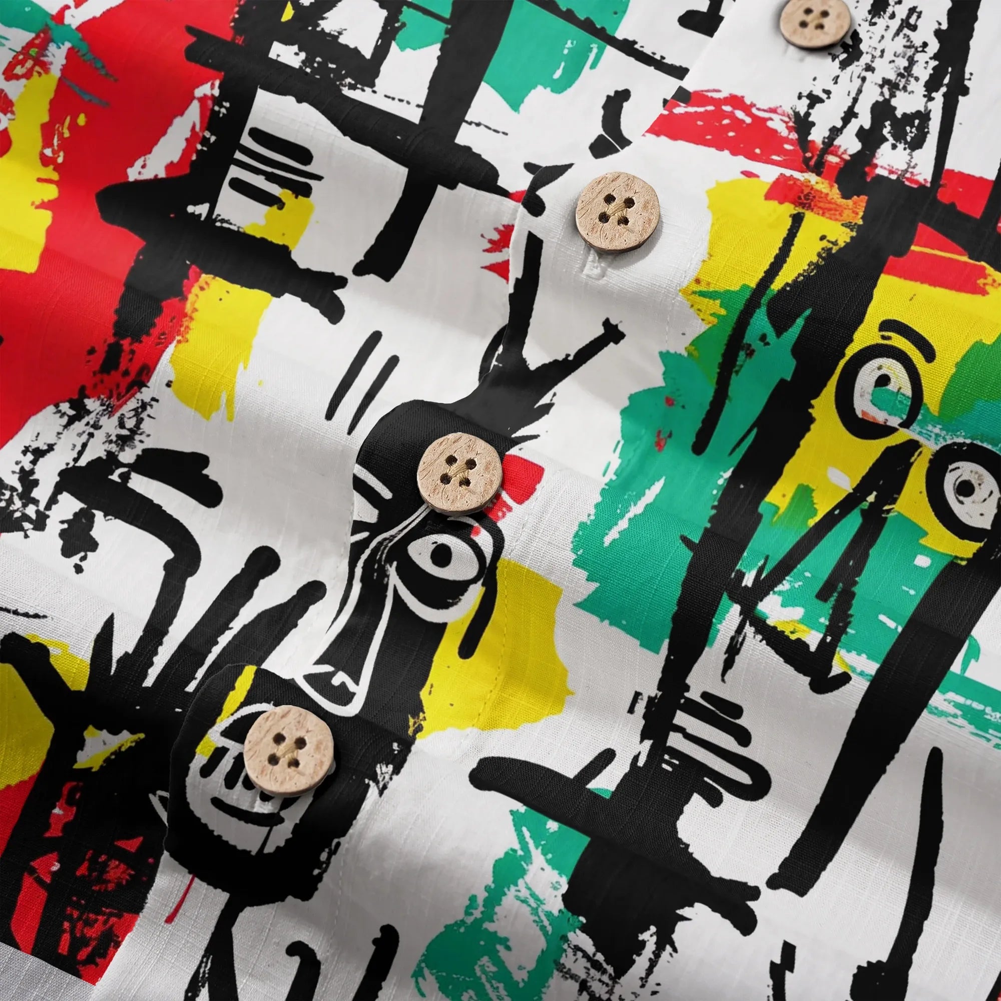 Side view of men's Hawaiian shirt with quirky face doodles
