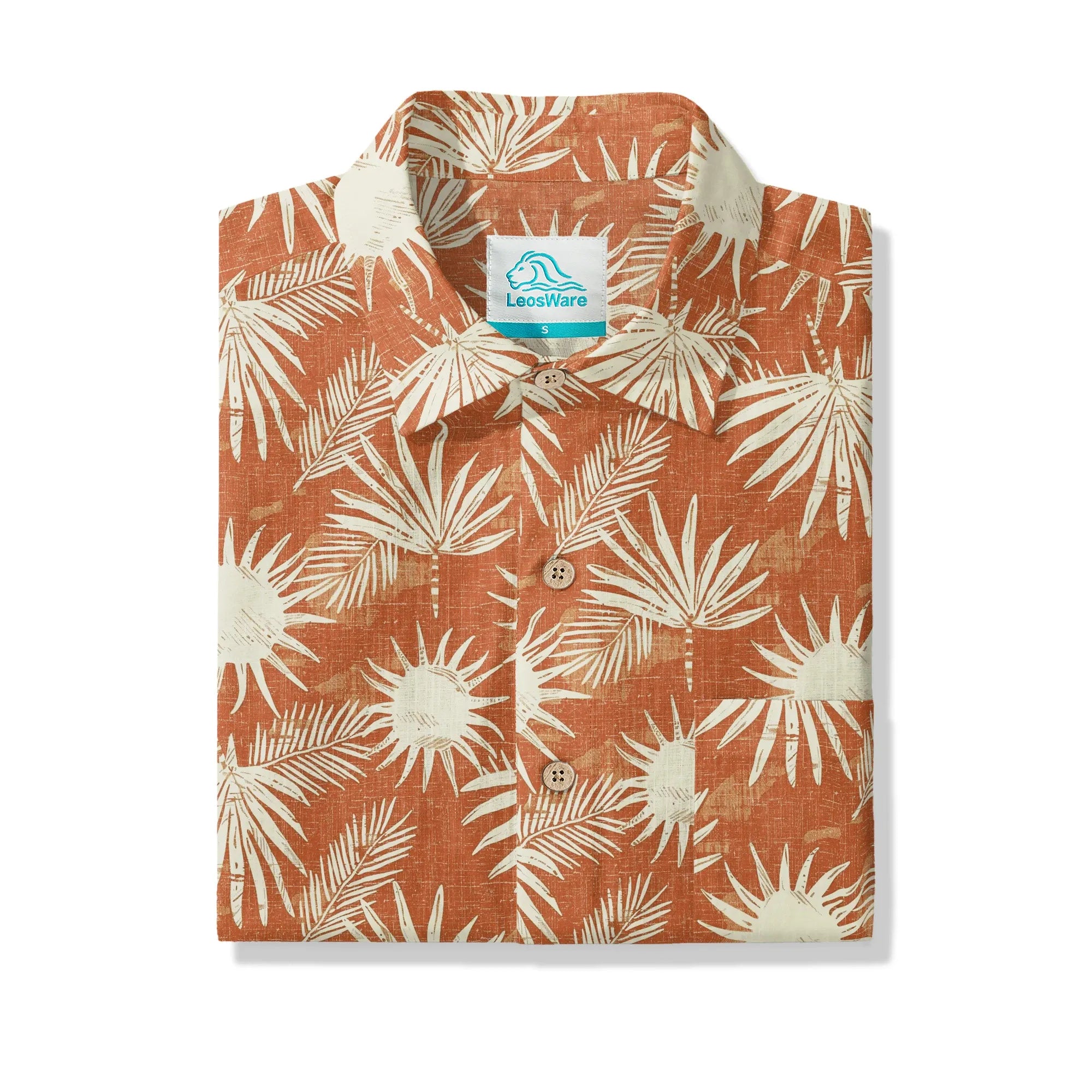 Front view of men's orange Hawaiian shirt