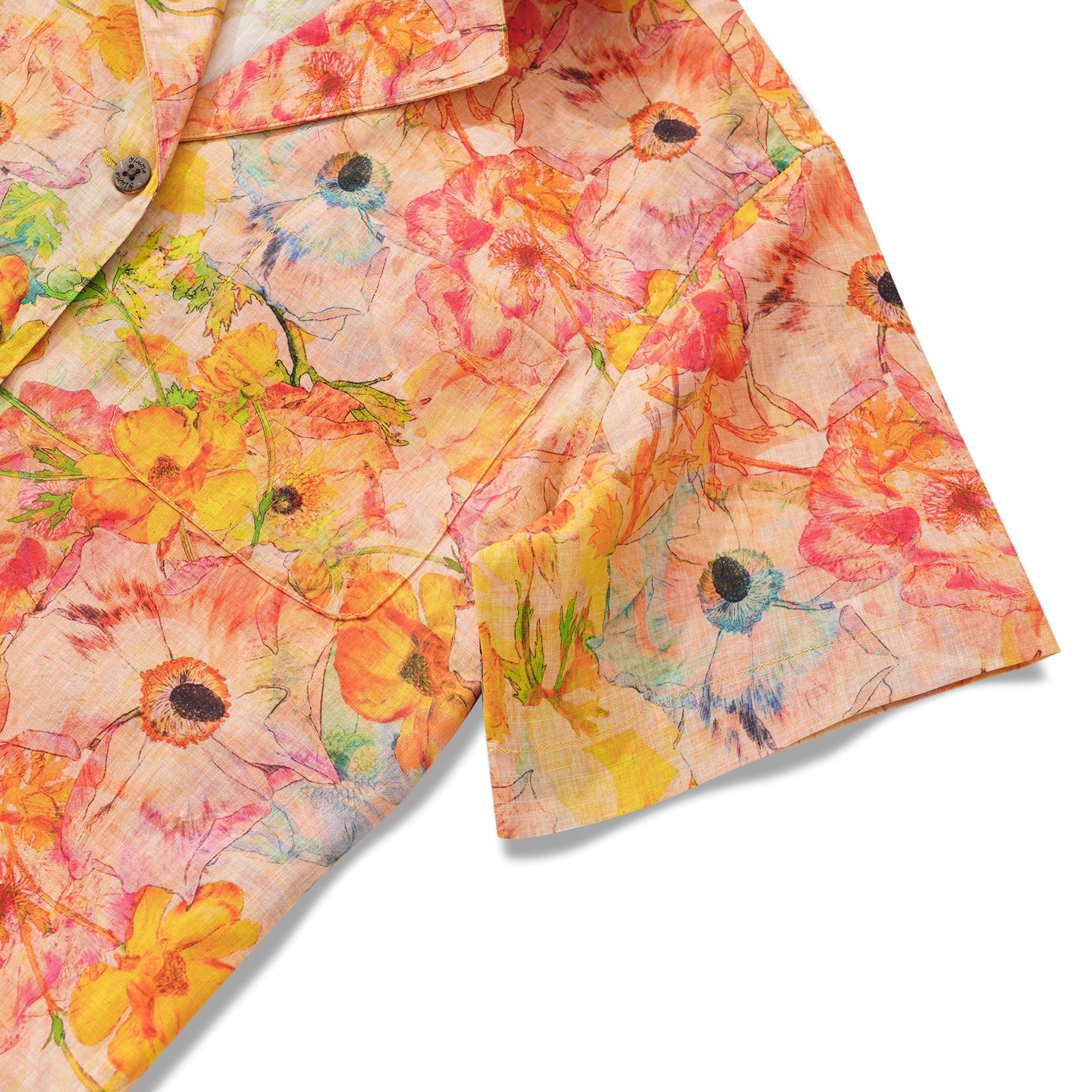 Women's Hawaiian Shirt Short Sleeve Camp Collar 100% Cotton Yellow Aloha Ranunculus Flowers By Pascale Dilger