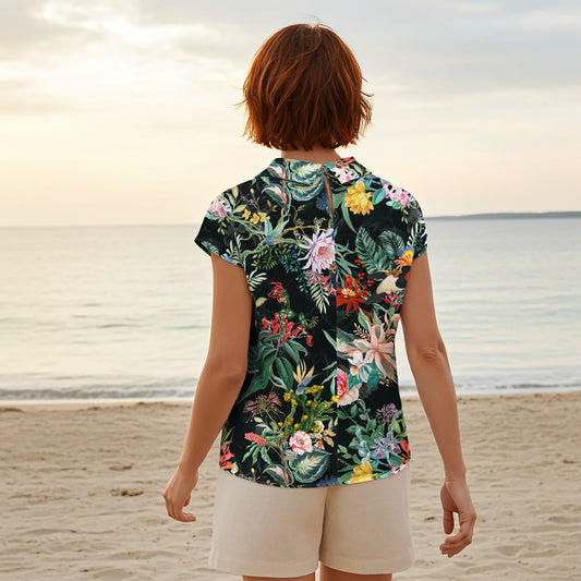 Women Casual Blouse Cap Sleeve Fold-Over Neck Button-Back 100% Lyocell Black Aloha Tropical Midnight Charm
