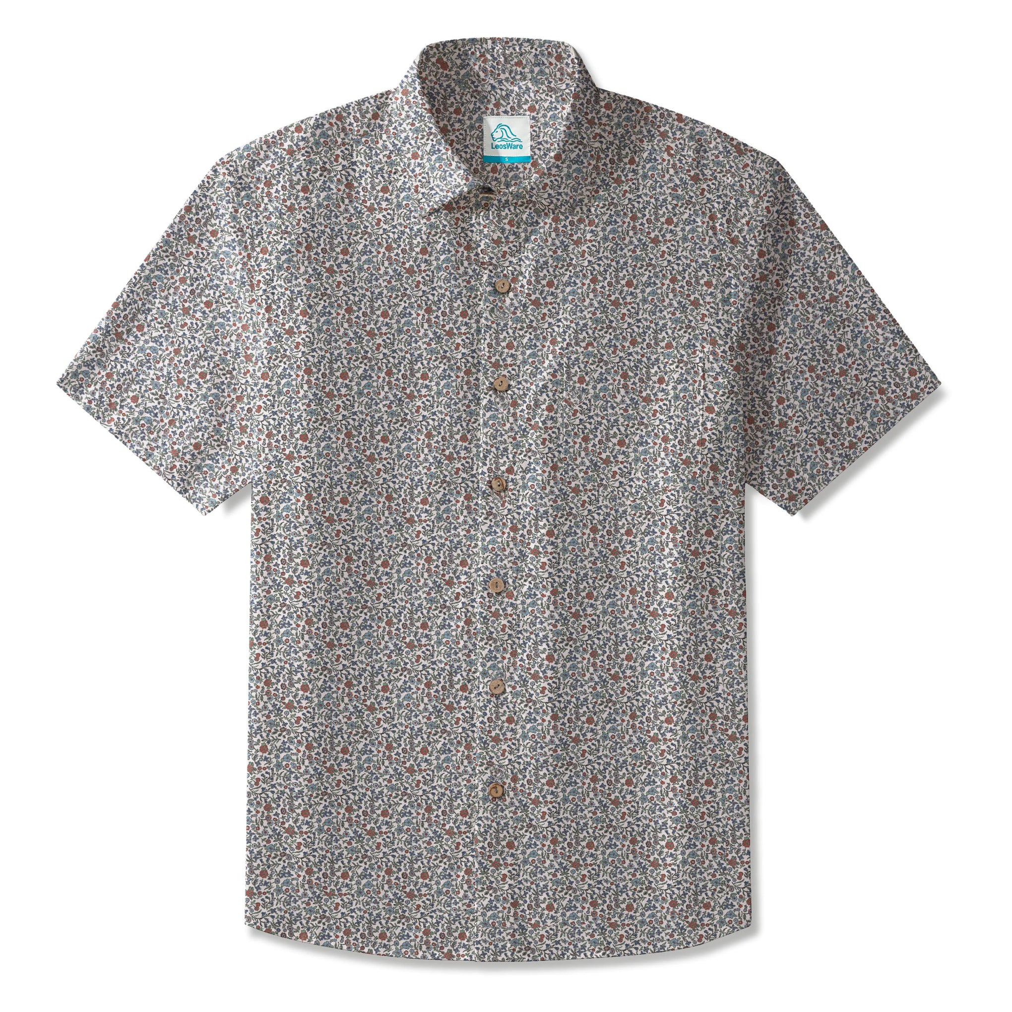 LeosWare® Men's Hawaiian Shirt Short Sleeve Button-up 100% Cotton Green Aloha Vintage Garden Elegance