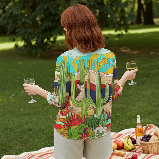 Women Casual Blouse 3/4 Sleeve V-neck Shirt Collar 95% Lyocell, 5% Linen Green Aloha Sunlit Desert Tales