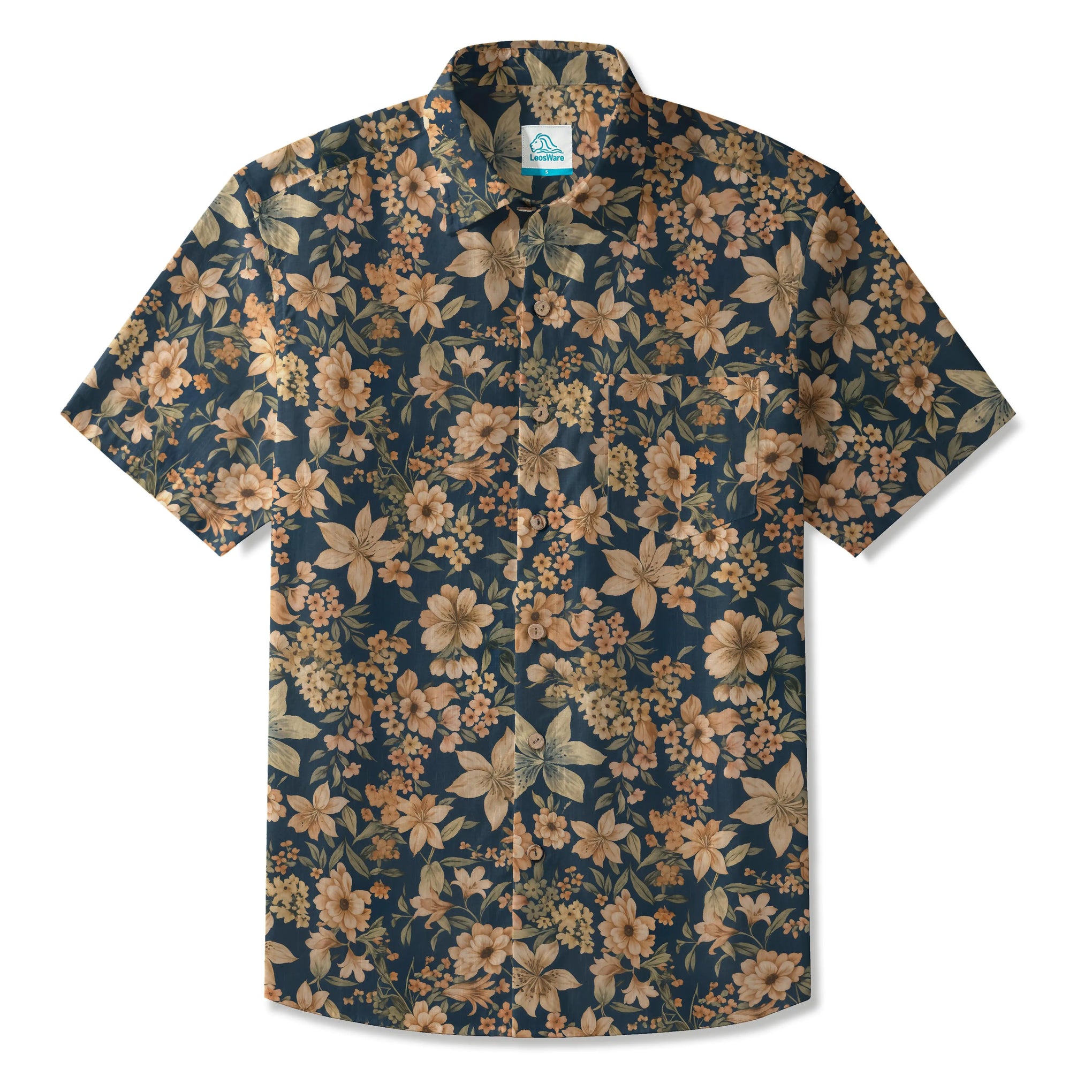 LeosWare® Men's Hawaiian Shirt Short Sleeve Button-up 100% Cotton Green Aloha Classic Dark Garden