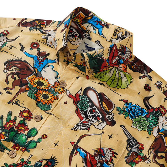 Western Cowboy Hawaiian Shirt For Men Short Sleeve Button-down 100% Cotton Desert Skull Shirt