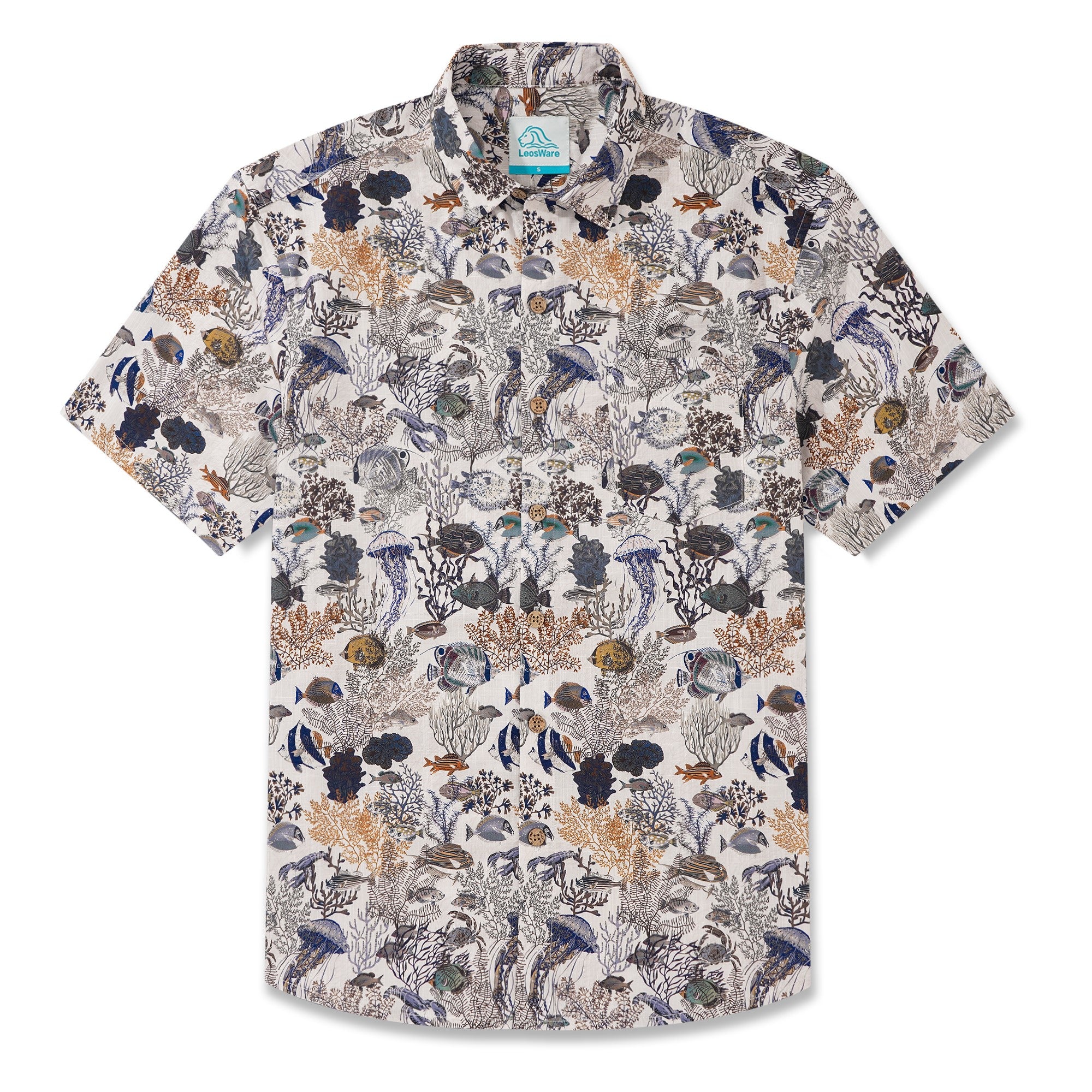 LeosWare® Men's Hawaiian Shirt Short Sleeve Button-up 100% Cotton Blue Aloha Fresh Oceanic Marine Ecological Pattern Design