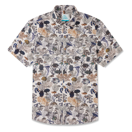 LeosWare® Men's Hawaiian Shirt Short Sleeve Button-up 100% Cotton Blue Aloha Fresh Oceanic Marine Ecological Pattern Design