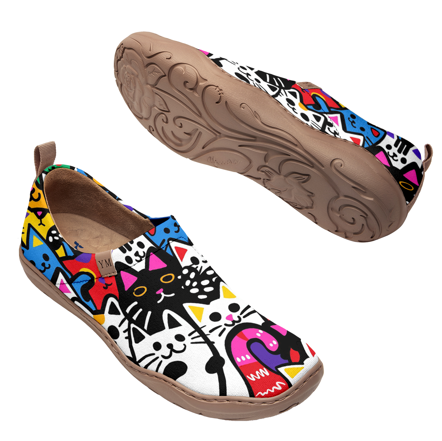 Women's Foldable Loafers, Paws Party Blue Painted Canvas Slip-On Sneakers,100% Cotton Colorful Cats
