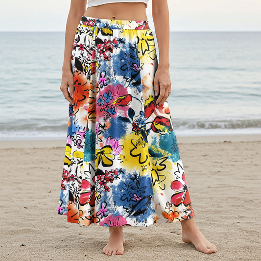 Women Casual Maxi Skirt Long Elastic Waist with Pockets 100% Cotton Blue Aloha Artistic Floral Display