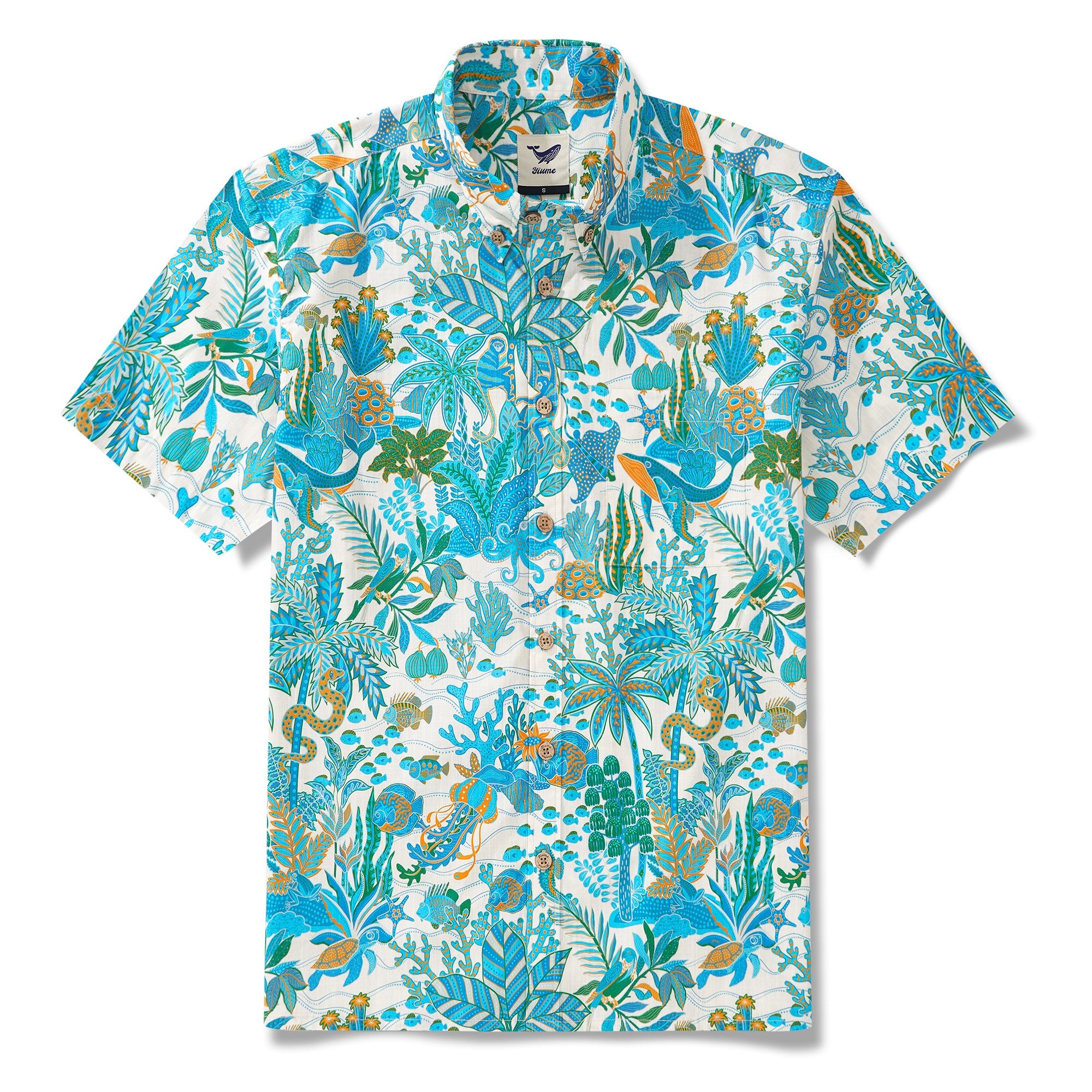 Herren-Hawaiian-Hemd Kurzärmel Button 100% Baumwollblau Aloha Fantasy Paradise