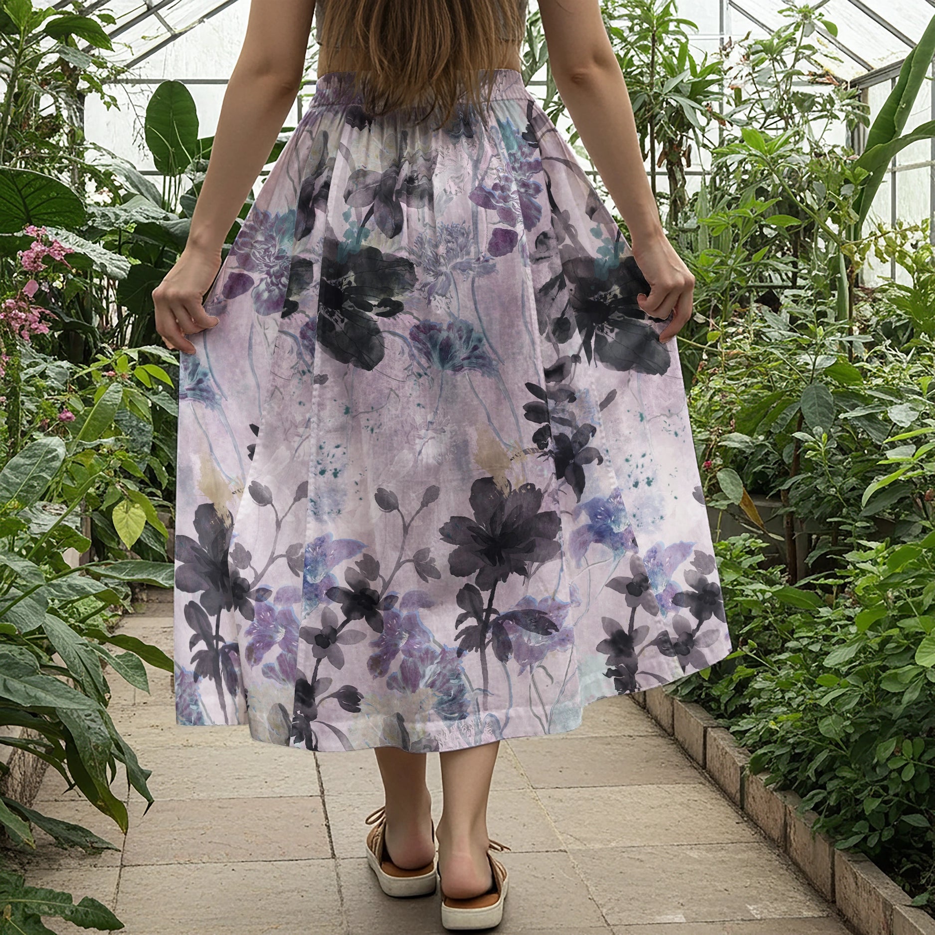 Women Casual Maxi Skirt Long Elastic Waist with Pockets 100% Cotton Purple Aloha Ink Purple Floral Haven