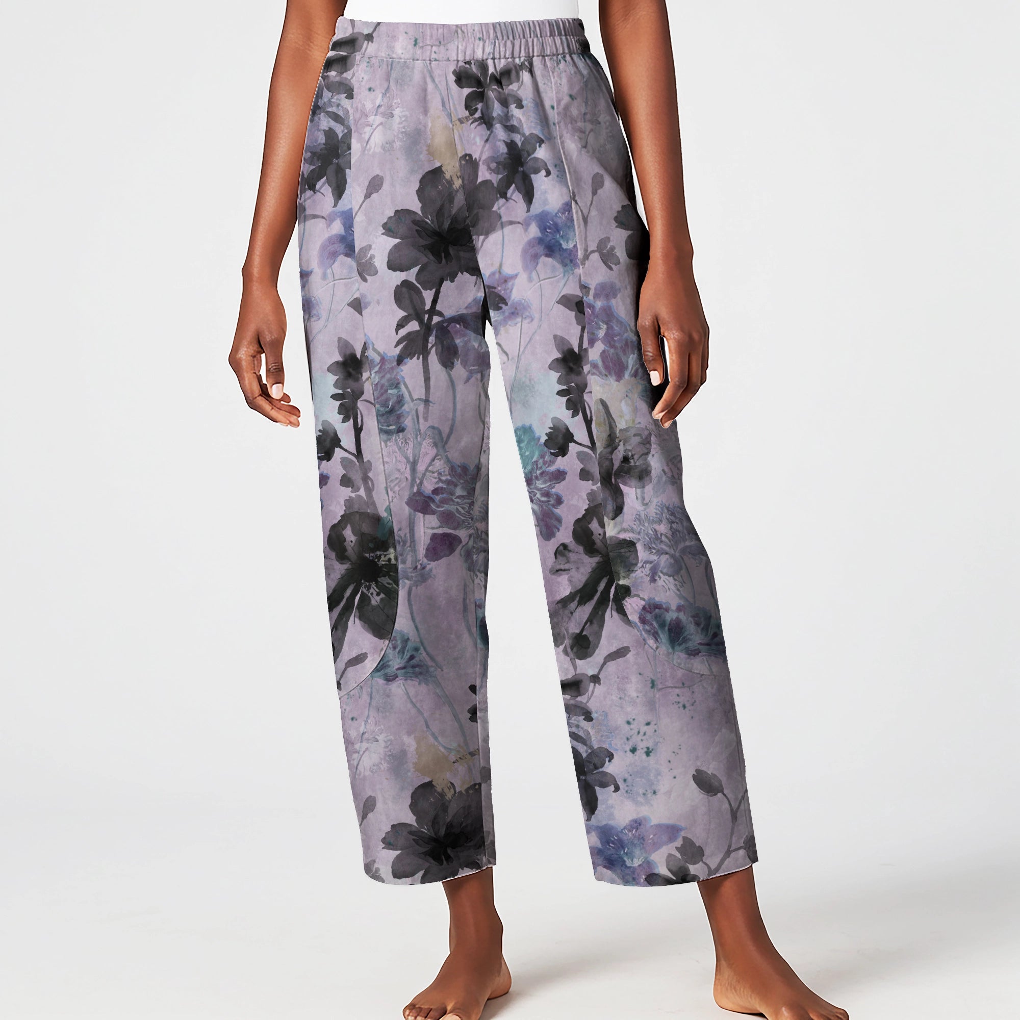 Women Casual Ankle Pants Lounge Elastic Waist with Pockets 93% Lyocell, 7% Linen Purple Aloha Ink Purple Floral Haven
