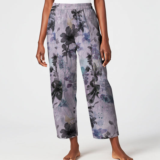 Women Casual Ankle Pants Lounge Elastic Waist with Pockets 93% Lyocell, 7% Linen Purple Aloha Ink Purple Floral Haven