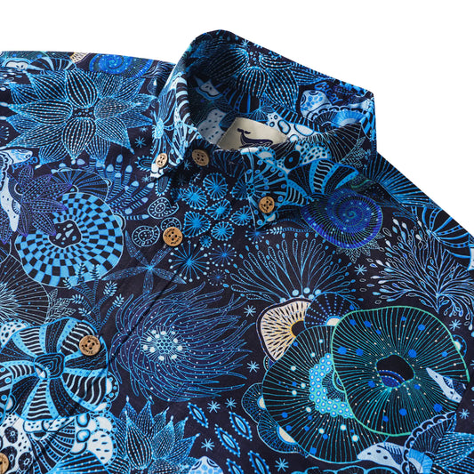 Men's Hawaiian Shirt Long Sleeve Button-down 100% Cotton Blue Aloha Reef Rules