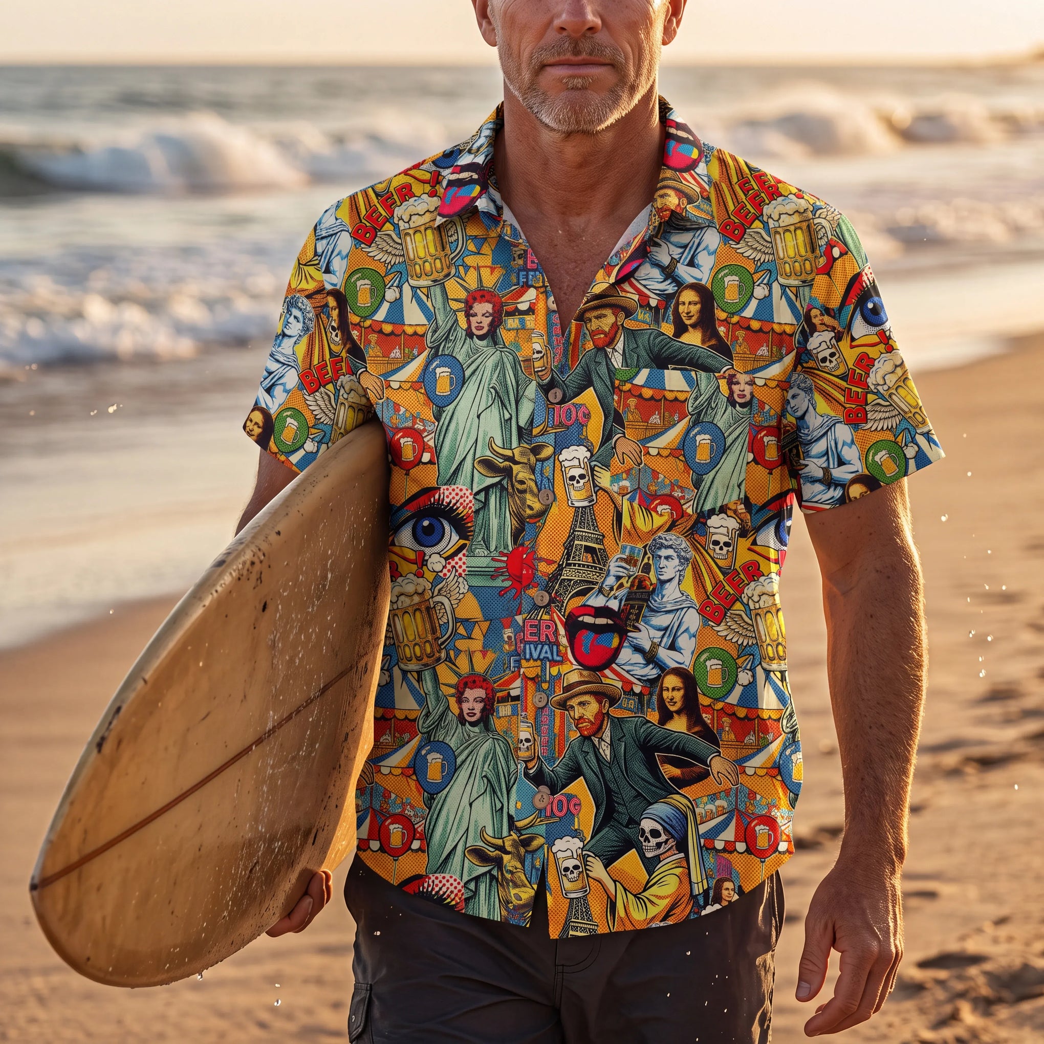 LeosWare men's Hawaiian shirt, pop art beer collage