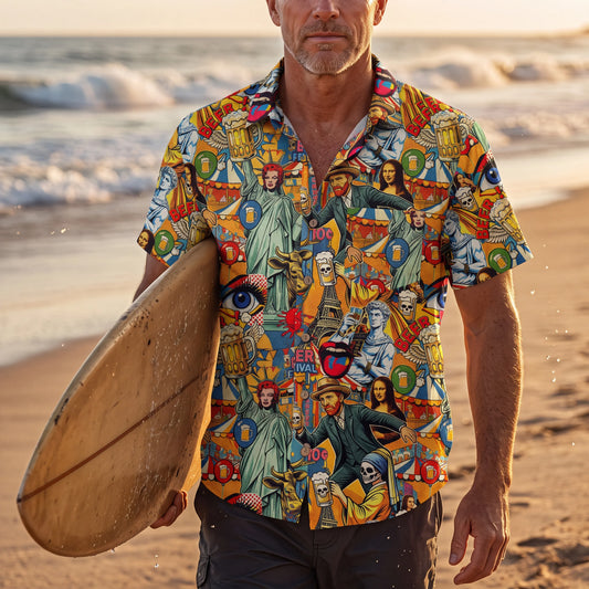 LeosWare men's Hawaiian shirt, pop art beer collage