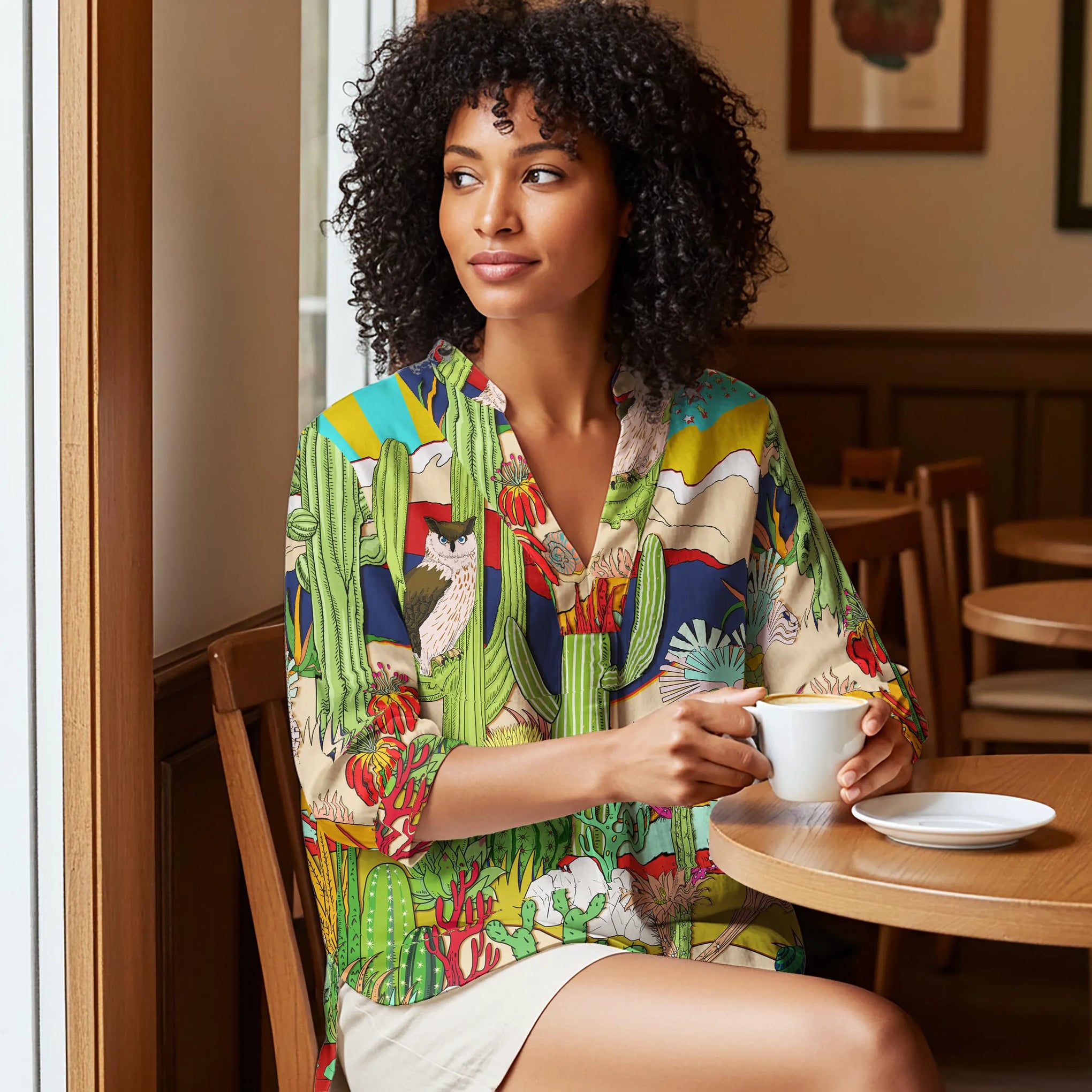 Women Casual Blouse 3/4 Sleeve V-neck Shirt Collar 95% Lyocell, 5% Linen Green Aloha Sunlit Desert Tales