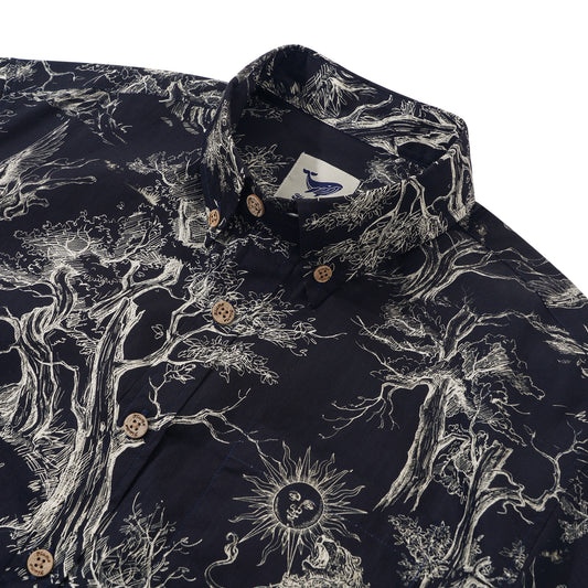Herren Hawaiian Shirt Kurzarm Button-Down 100% Baumwolle Schwarz Aloha Majestic Jungle