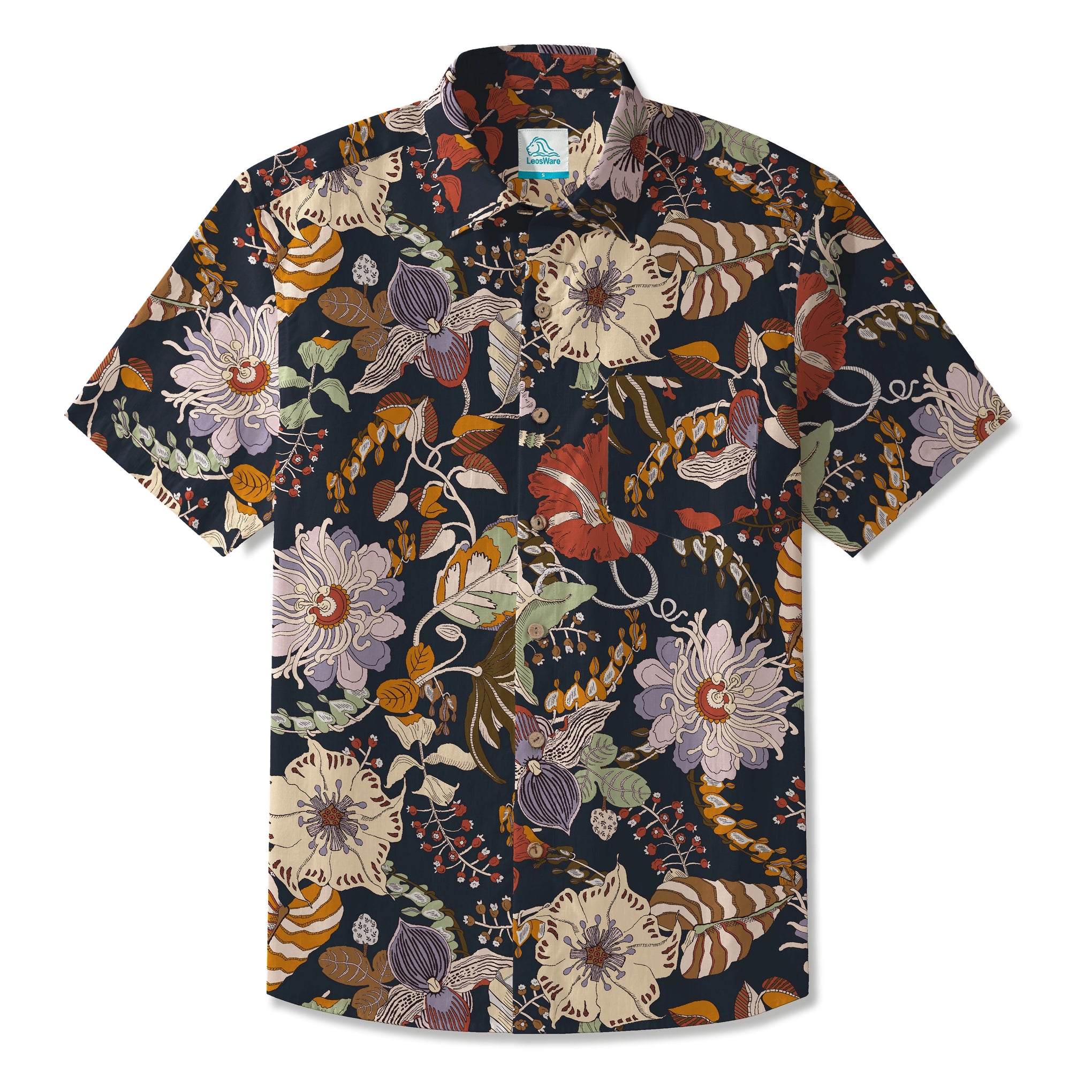 LeosWare® Men's Hawaiian Shirt Short Sleeve Button-up 100% Cotton Black Aloha Charcoal Gray