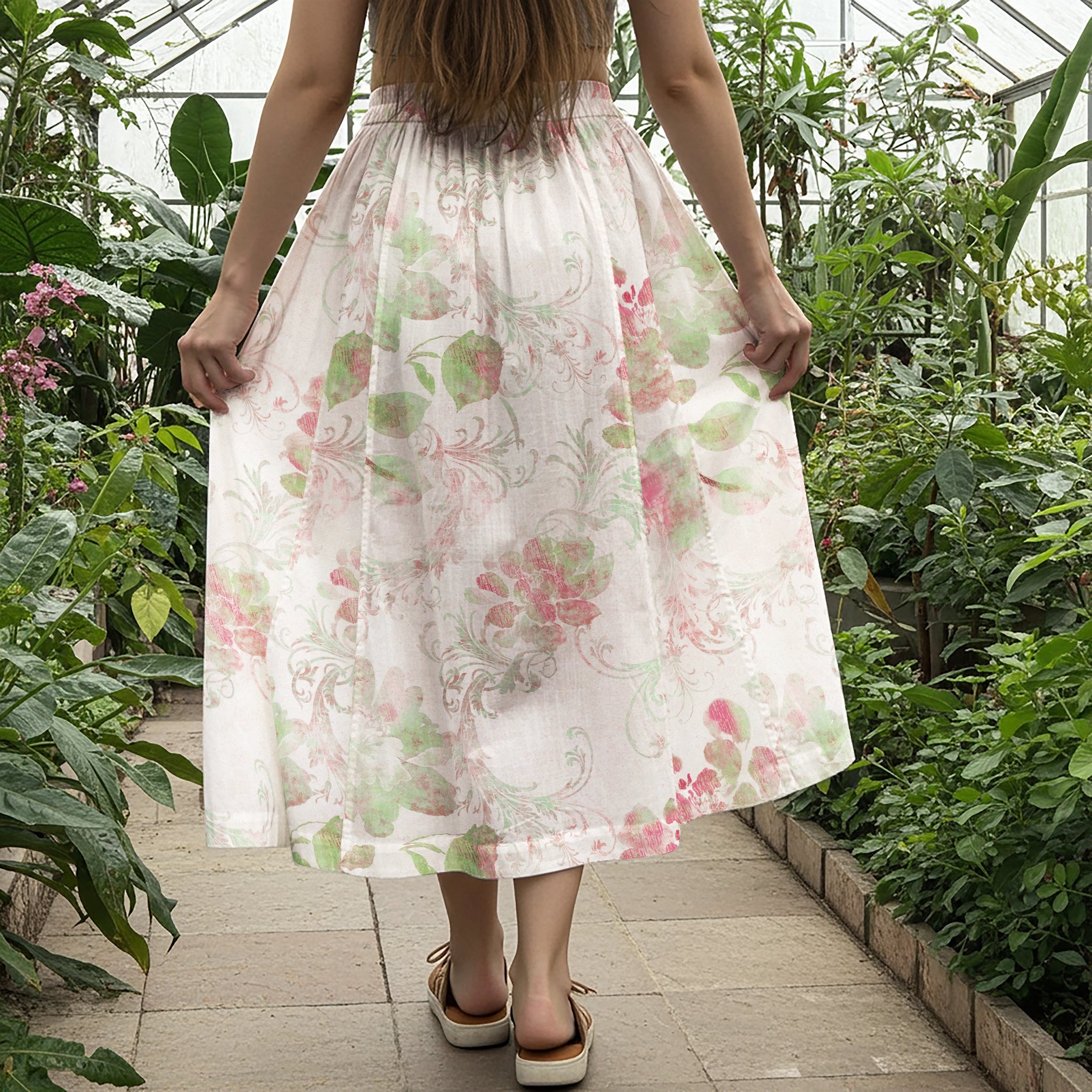 Women Casual Maxi Skirt Long Elastic Waist with Pockets 100% Cotton Aloha Soft Pink Blossom