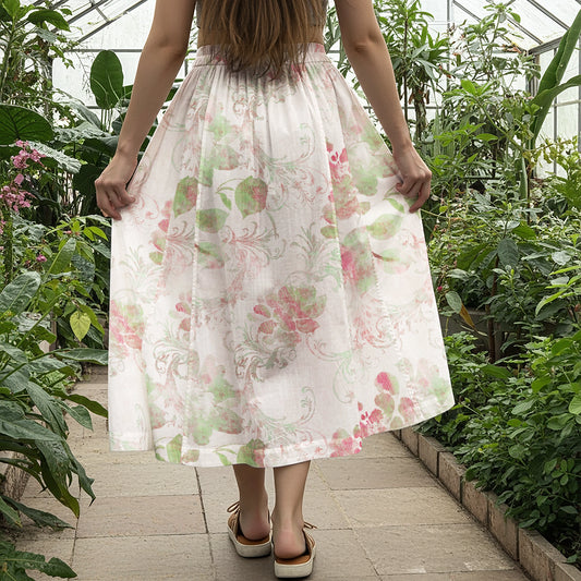 Women Casual Maxi Skirt Long Elastic Waist with Pockets 100% Cotton Aloha Soft Pink Blossom