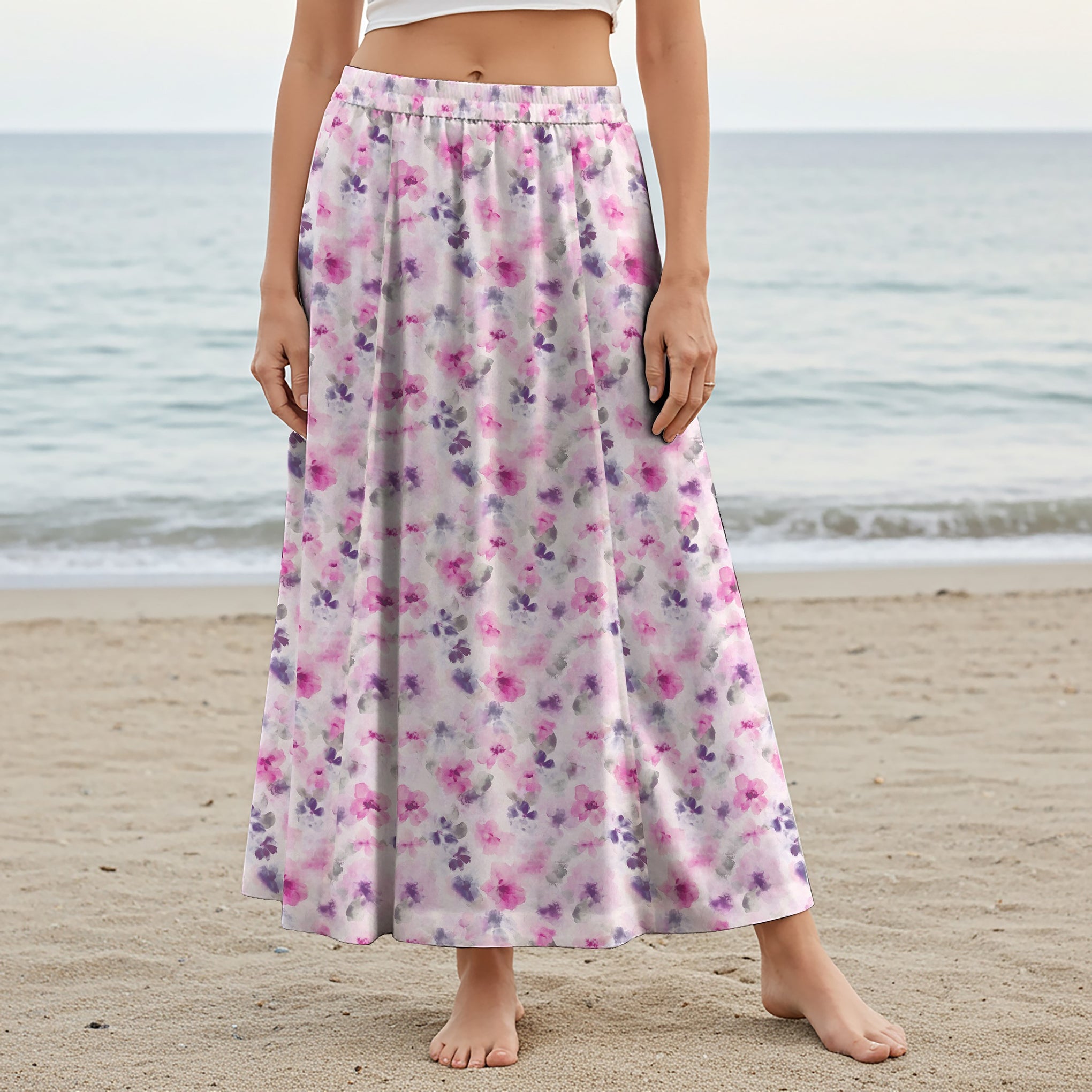 Women Casual Maxi Skirt Long Elastic Waist with Pockets 100% Cotton Aloha Misty Floral Haven