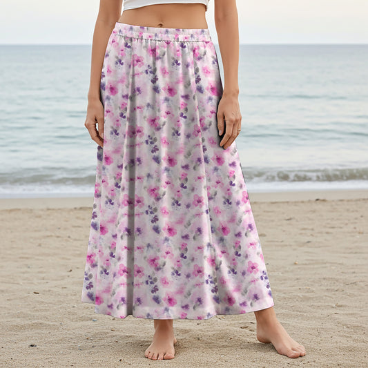Women Casual Maxi Skirt Long Elastic Waist with Pockets 100% Cotton Aloha Misty Floral Haven