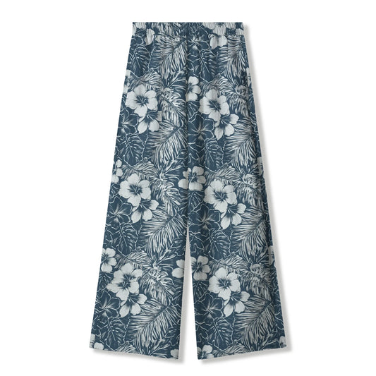 Hibiscus Flower Women's Ankle Pants, blue ink flower shadows