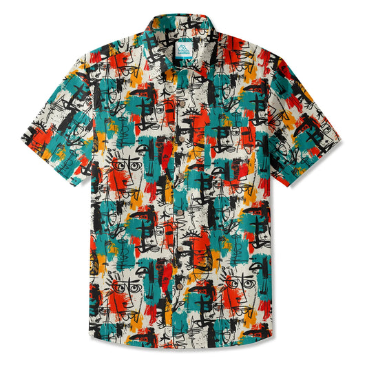 Men's Hawaiian shirt with face doodle art, short sleeve