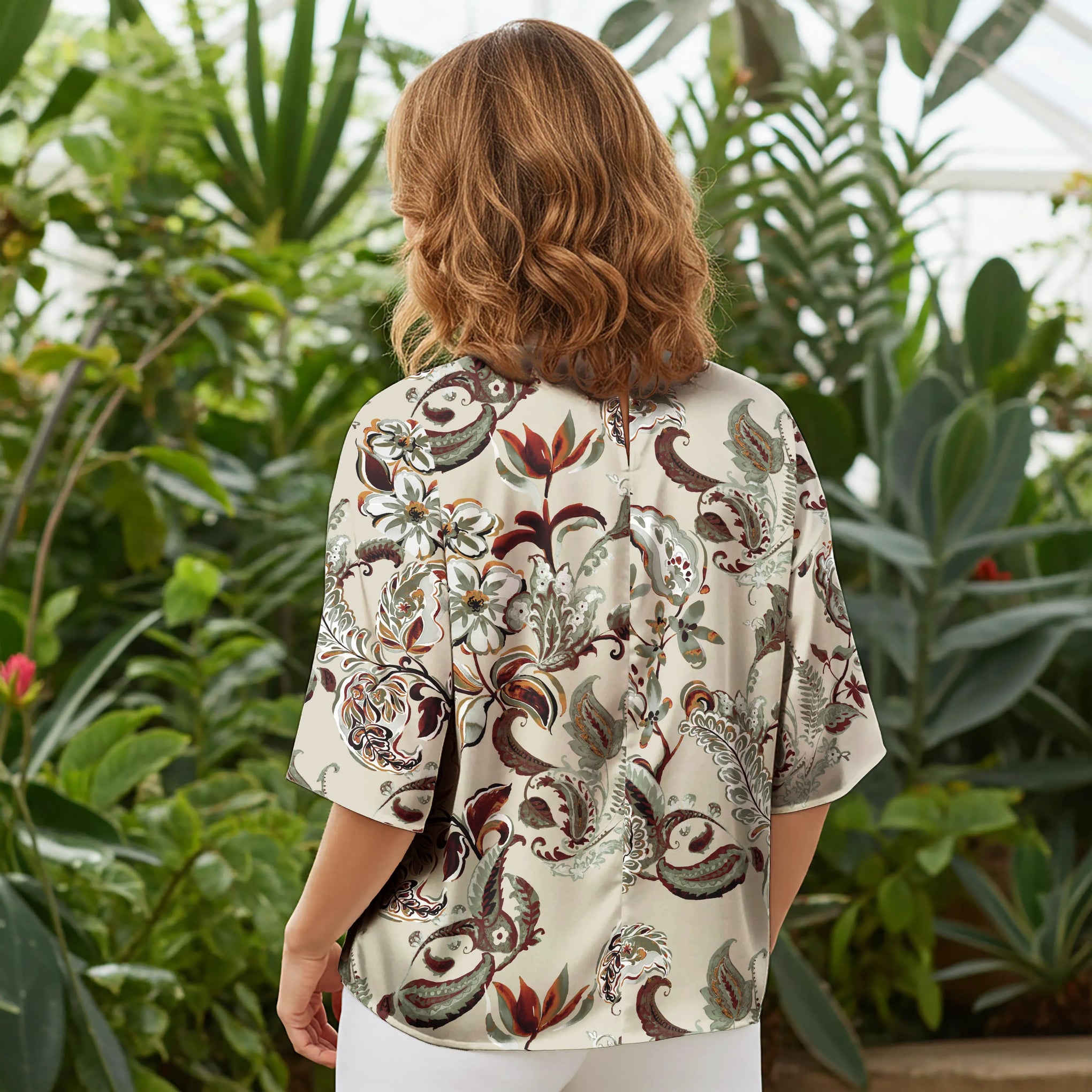 Women Casual Blouse Elbow Sleeve Round Neck Button-Back 100% Lyocell Green Aloha Classic Paisley Floral Art