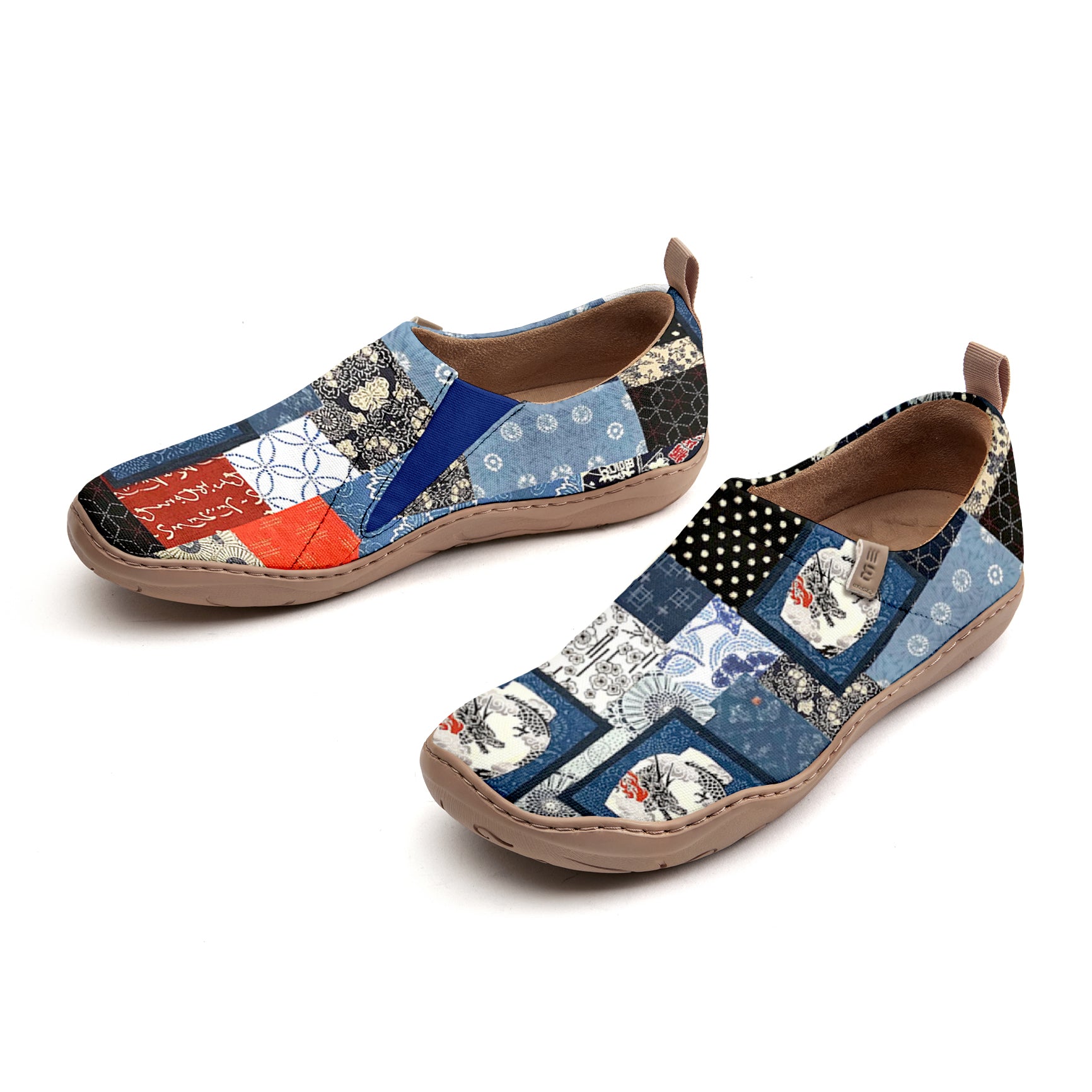 Yiume Frauenkunst Slip-on lässig Canvas-Schuhe Japanisches Patchwork gestrichen, 100% Baumwollblau, japanisch inspiriertes Hemd