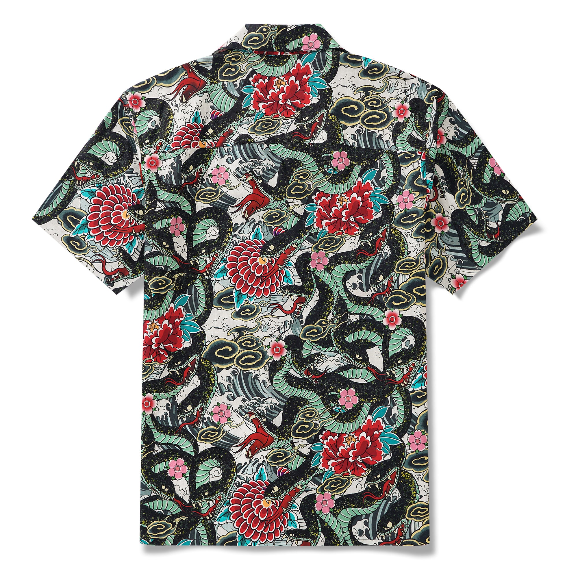Men's Hawaiian Shirt Short Sleeve Camp Collar 100% Cotton Green Aloha Ocean Serpent Art Print