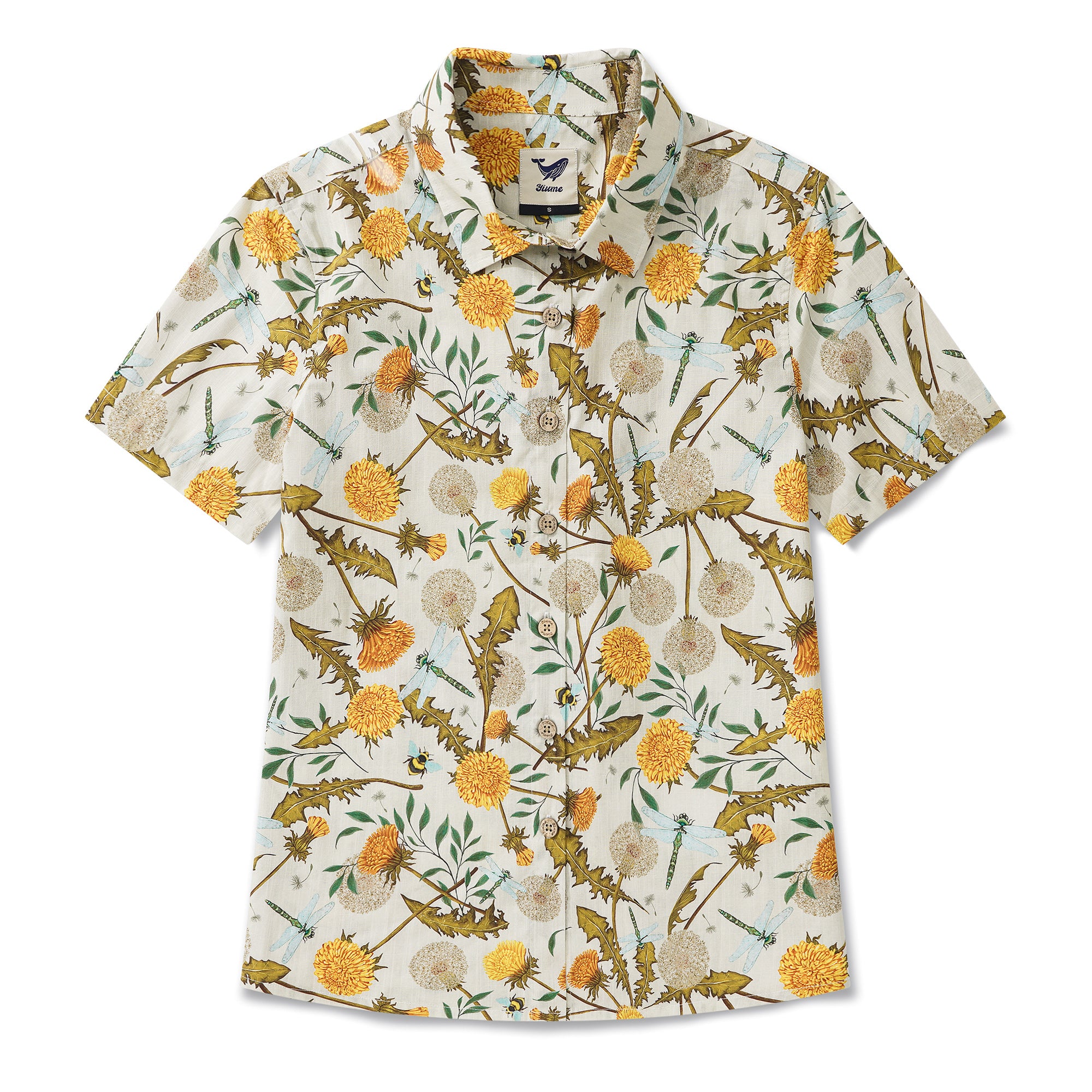 Women's Hawaiian Shirt Short Sleeve Button-up 100% Cotton Yellow Aloha Dandelions and Dragonflies By Silver Steer Design