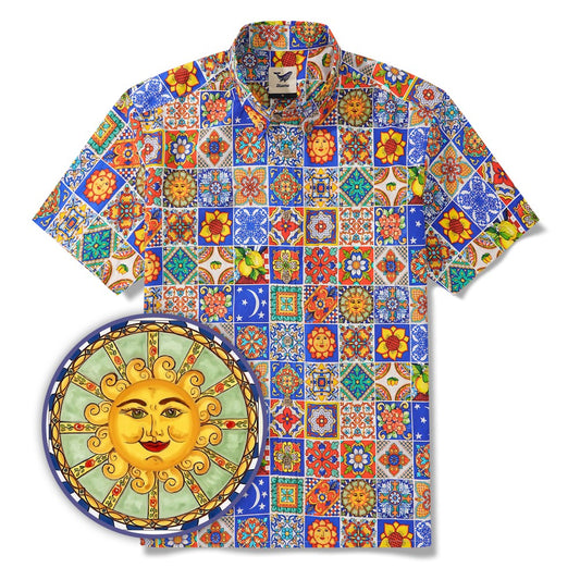 Men's Hawaiian Shirt Short Sleeve Button-down 100% Cotton Aloha Mediterranean Tile Haven