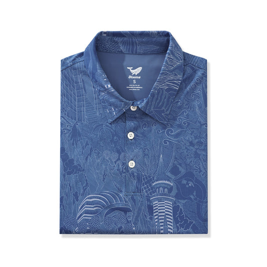 Close-up of Blue Aloha Celestial Wonders Print on Men's Polo Shirt