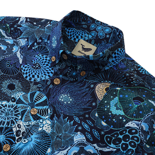 Yiume Sea Turtle Hawaiian Shirt For Men 100% Cotton Blue Shirt Short Sleeve Button-down Shirt