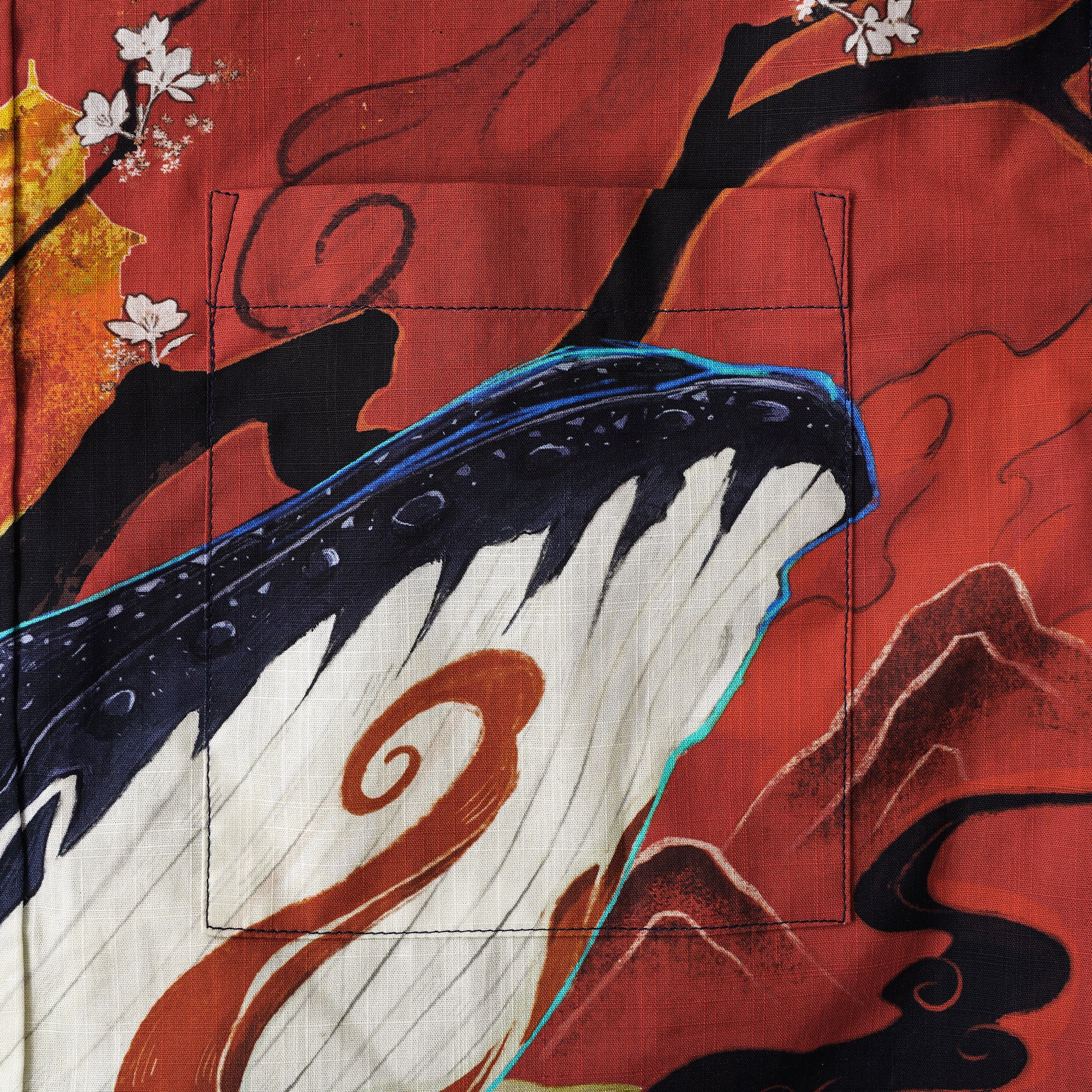 Chinese Art Hawaiian Shirt 100% Cotton Men's Short Sleeve Button-down Red Aloha Shirt Dunhuang Whale Art Shirt