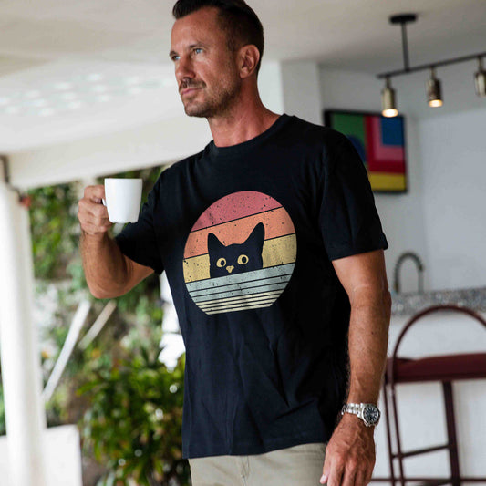 Hawaiian Tee For Men Retro Cute Cat Tee Crew Neck 100% Cotton - BLACK