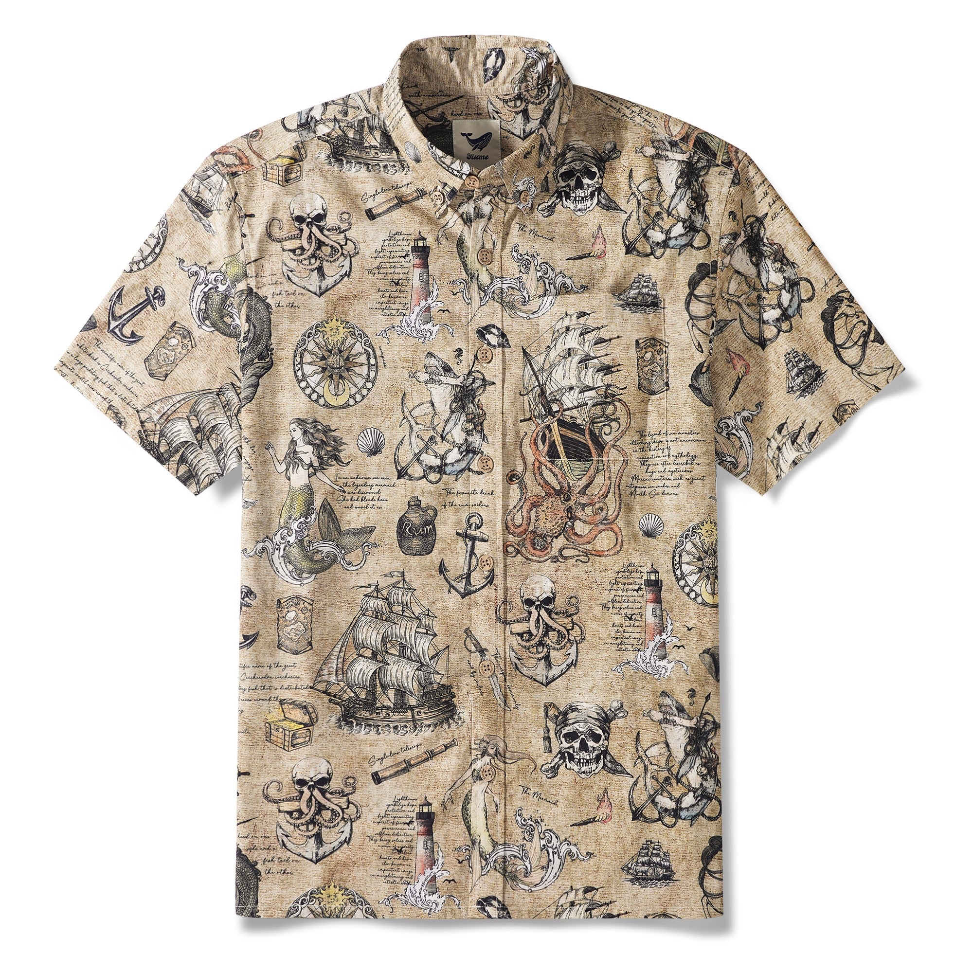 Men's Hawaiian Shirt Short Sleeve Button-down 100% Cotton Beige Aloha Pirate’s Log: The Sea Monster