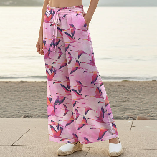 Women Casual Pants Lounge Elastic Waist Drawstring with Pockets 100% Cotton Aloha Flamingo Migration Symphony In The Clouds