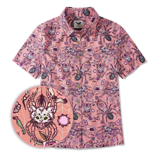 Women's Hawaiian Shirt Short Sleeve Button-up 100% Cotton Aloha Spider Cat