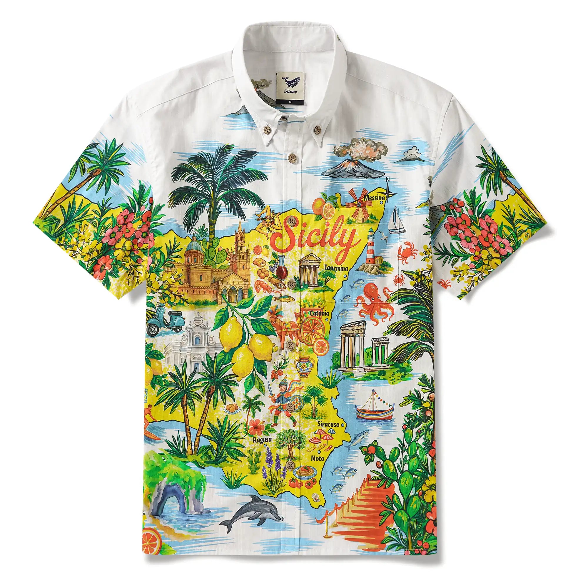 Men's Hawaiian Shirt Short Sleeve Button-down 100% Cotton Blue Aloha Sicilian Coast